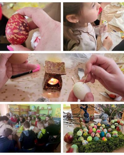Renginio dalyviai dekoruoja kiaušinius, gamina velykines dekoracijas